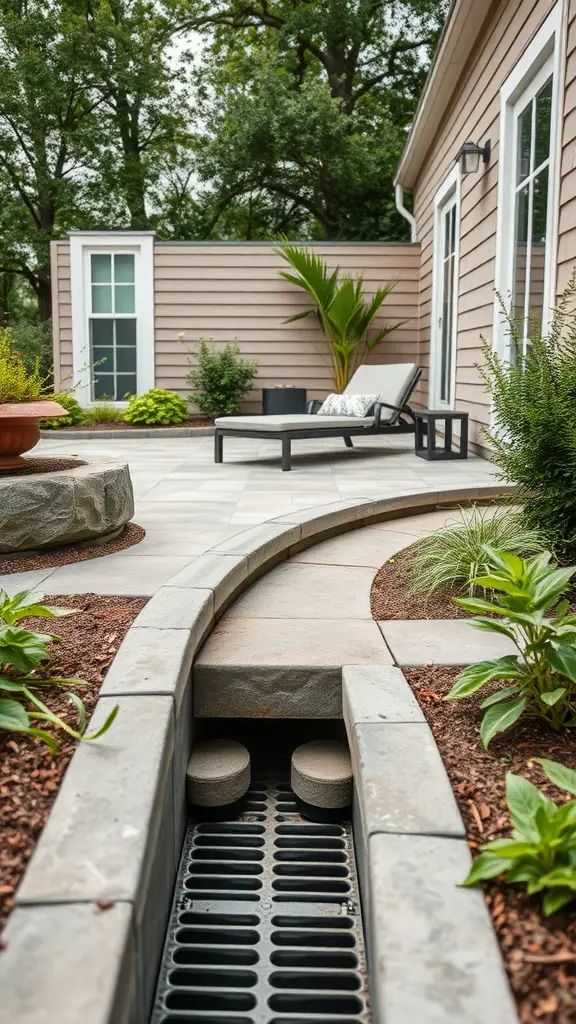 23 Creative French Drain Ideas for Effective Water Management 5 A modern patio with a curved French drain and surrounding plants.