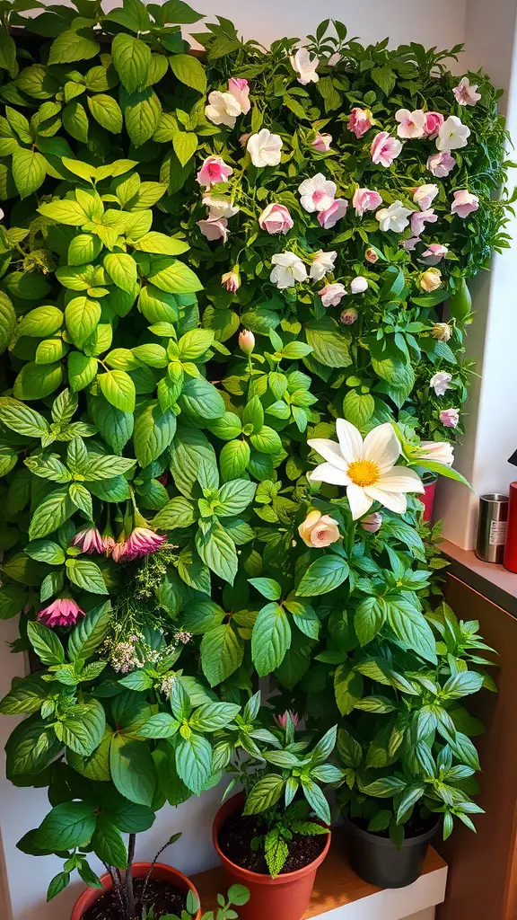 25 Stunning Floral Indoor Plant Wall Ideas for Your Home 15 A vibrant indoor plant wall featuring a mix of flowering plants and lush green herbs.