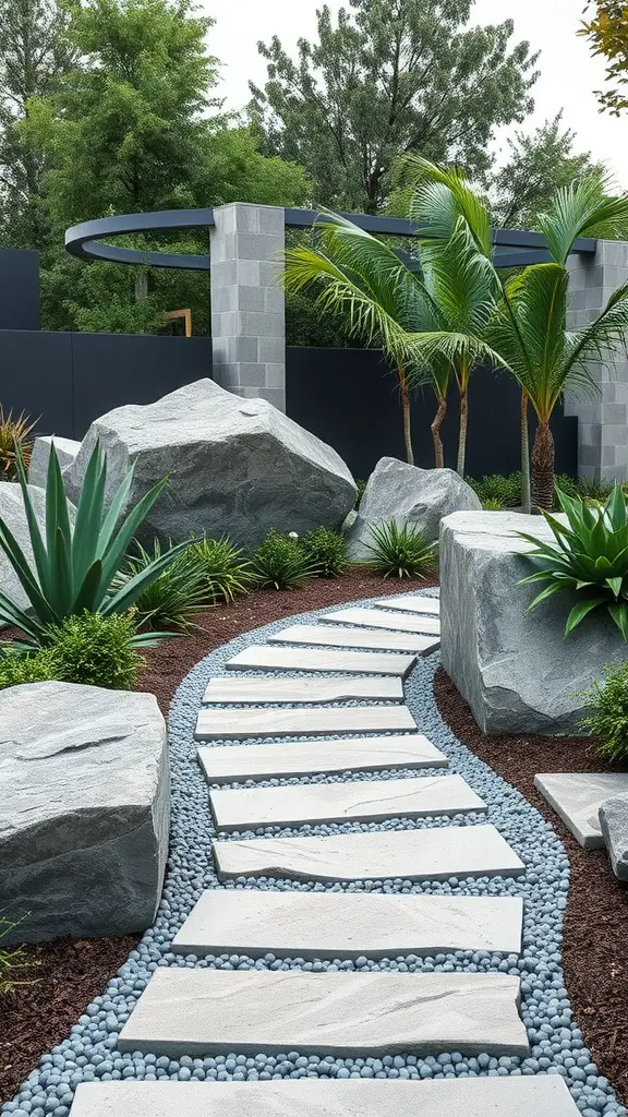 21 Stunning Landscaping Ideas Featuring Large Rocks 14 A modern landscaped garden featuring a winding stone pathway bordered by large rocks and tropical plants.
