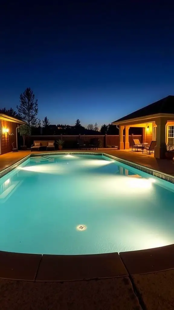 21 Stunning Above Ground Pool Deck Designs for Your Backyard 4 A beautiful above-ground pool with surrounding deck lighting at night.