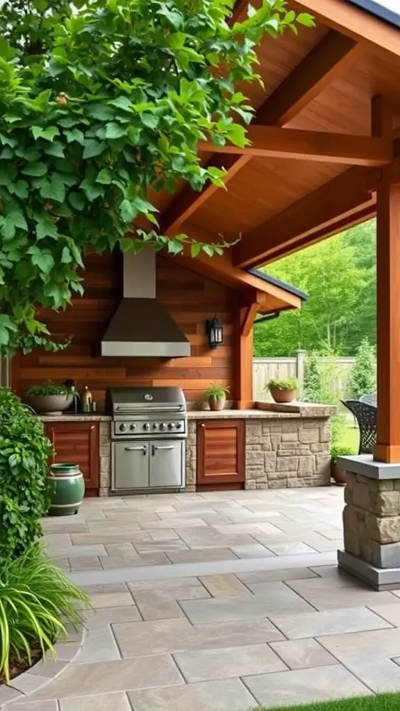 19 Stunning Covered Outdoor Kitchen Design Ideas You’ll Love 5 A covered outdoor kitchen featuring a stone countertop, grill, wooden beams, and surrounding greenery.