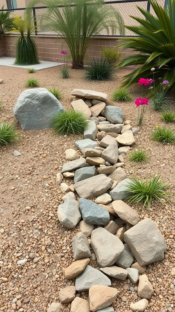 15 Innovative Dry Rock Bed Ideas for Effective Drainage Solutions 8 A dry rock bed surrounded by various plants and flowers, showing a natural drainage path.