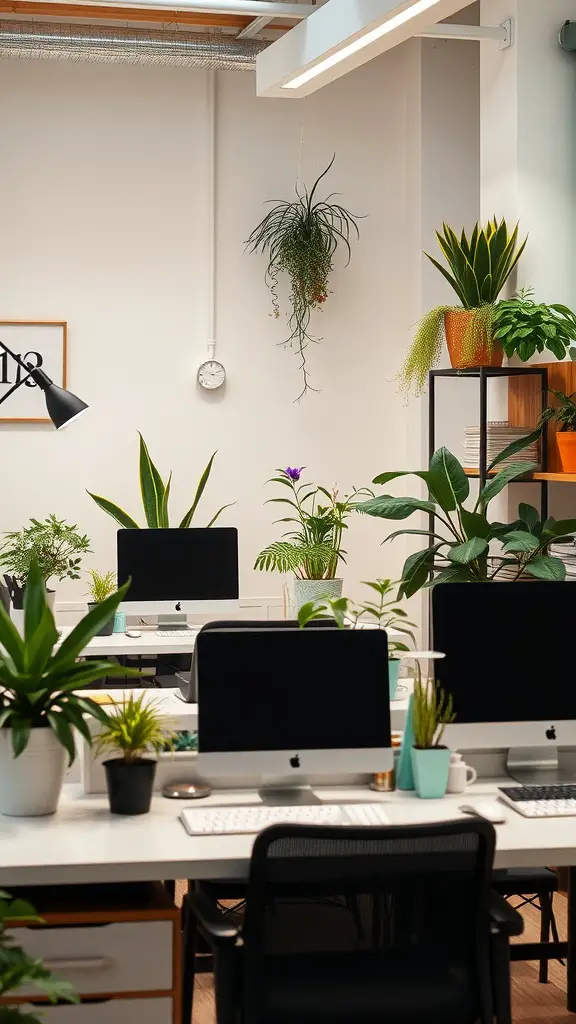 23 Creative Ways to Decorate with Plants in Your Home 15 A modern office environment filled with various plants and computers on desks.