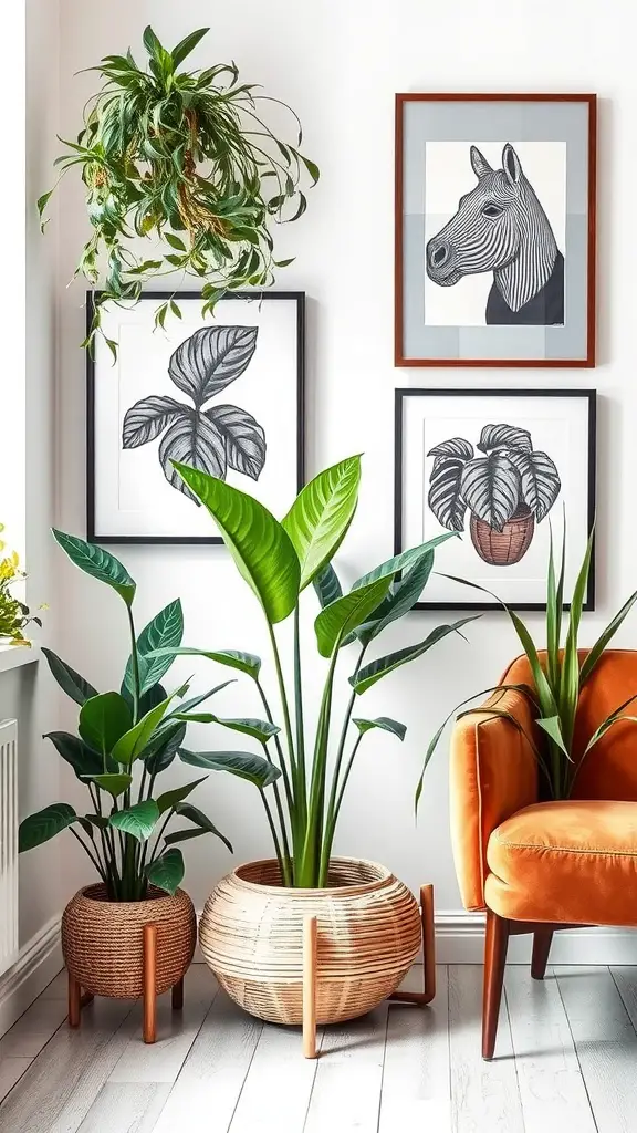 19 Indoor Plant Styling Ideas to Elevate Your Space 15 Indoor plants integrated with artwork on a wall, featuring various planters and an orange chair.