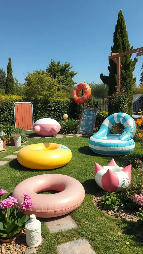 19 Creative Pool Float Storage Ideas You'll Love 17 A garden scene featuring colorful pool floats among flowers and greenery.