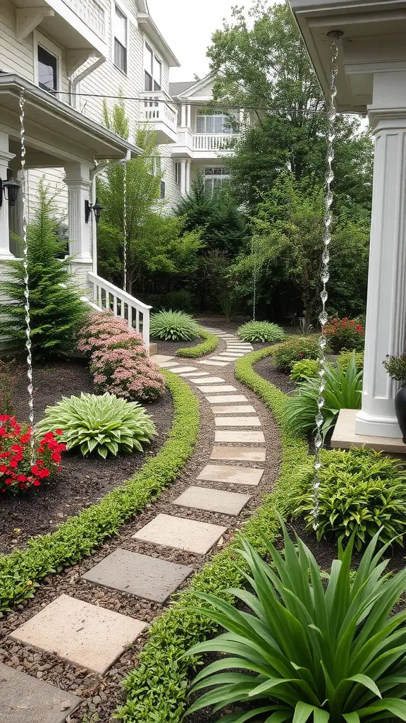 25 Creative Rain Chain Drainage Ideas for Your Home 16 A garden with rain chains directing water down from the roof, surrounded by flowers and greenery.