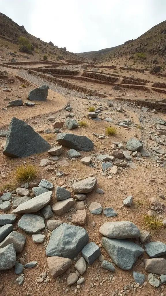 15 Creative Rock Drainage Landscaping Ideas for Your Outdoor Space 11 A landscape with a slope stabilized by rocks and boulders, featuring a meandering path and scattered smaller stones.