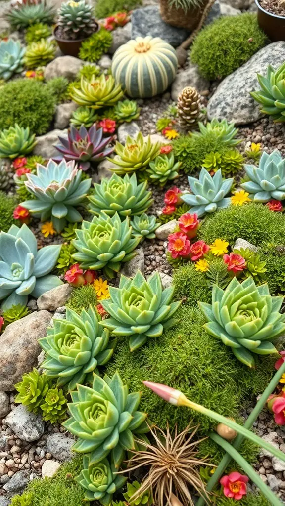 23 Stunning Alpine Garden Ideas for a Breathtaking Landscape 6 A vibrant alpine garden featuring various succulents, colorful flowers, and stones.