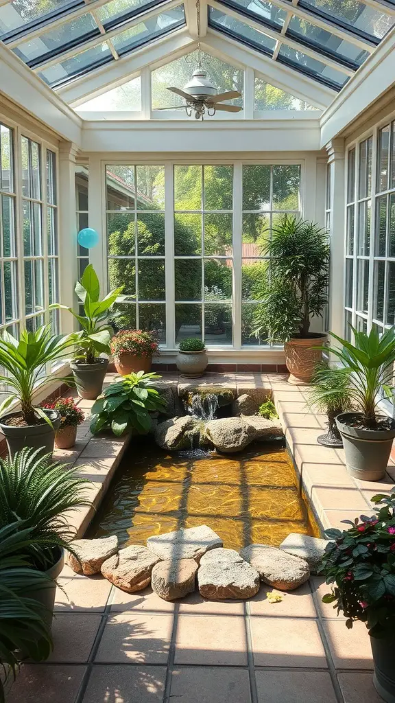 A sunroom featuring a small pond with rocks and potted plants, with sunlight streaming through the glass roof.