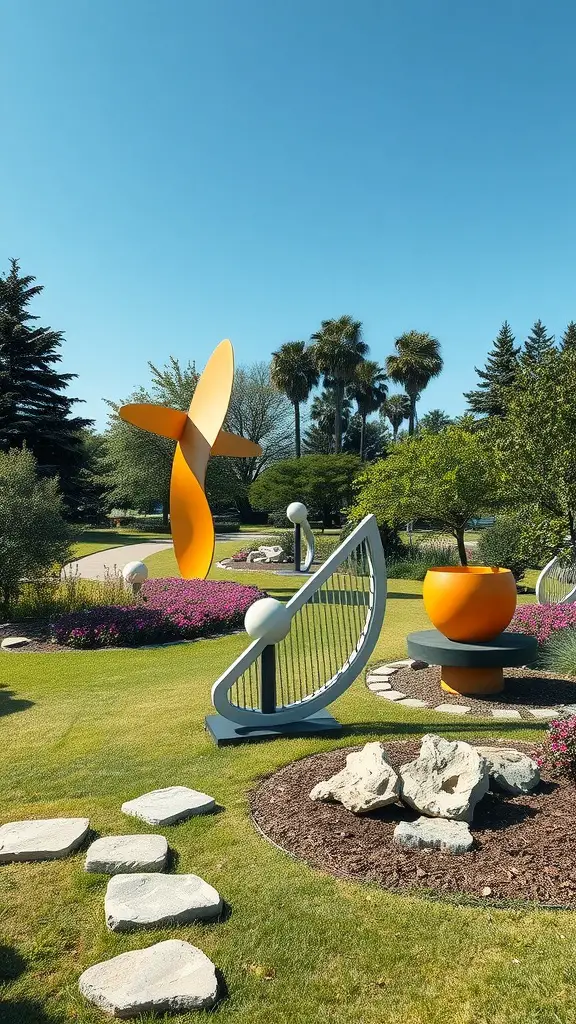 23 Inspiring Modern Garden Ideas to Transform Your Outdoor Space 15 A vibrant modern garden featuring colorful abstract sculptures and greenery.