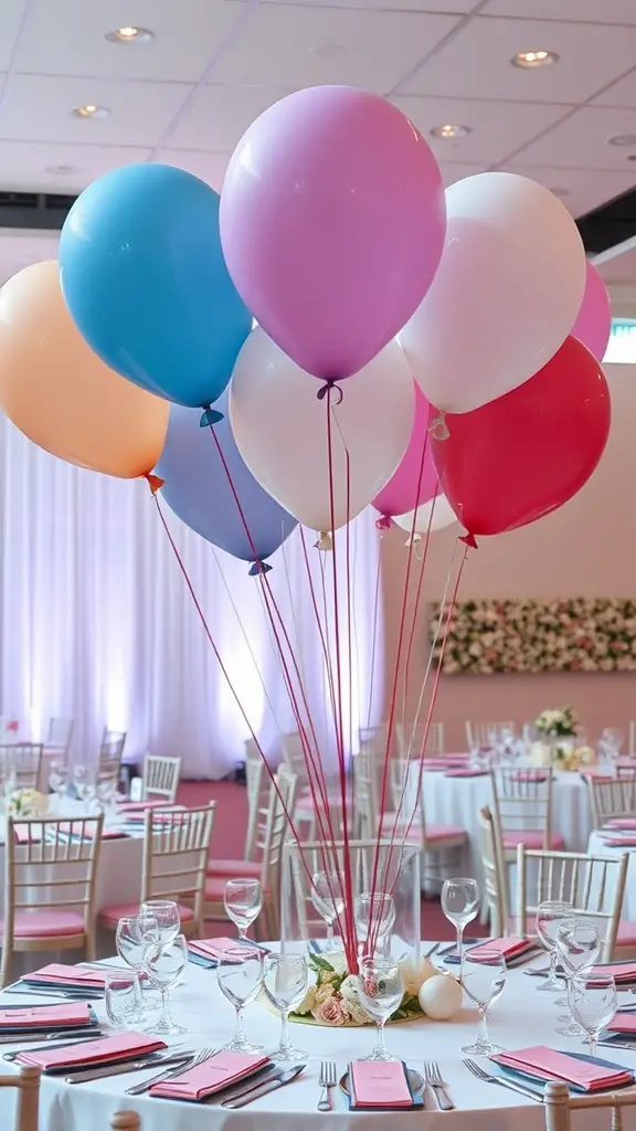A colorful balloon centerpiece with pink, blue, and white balloons on a dining table.
