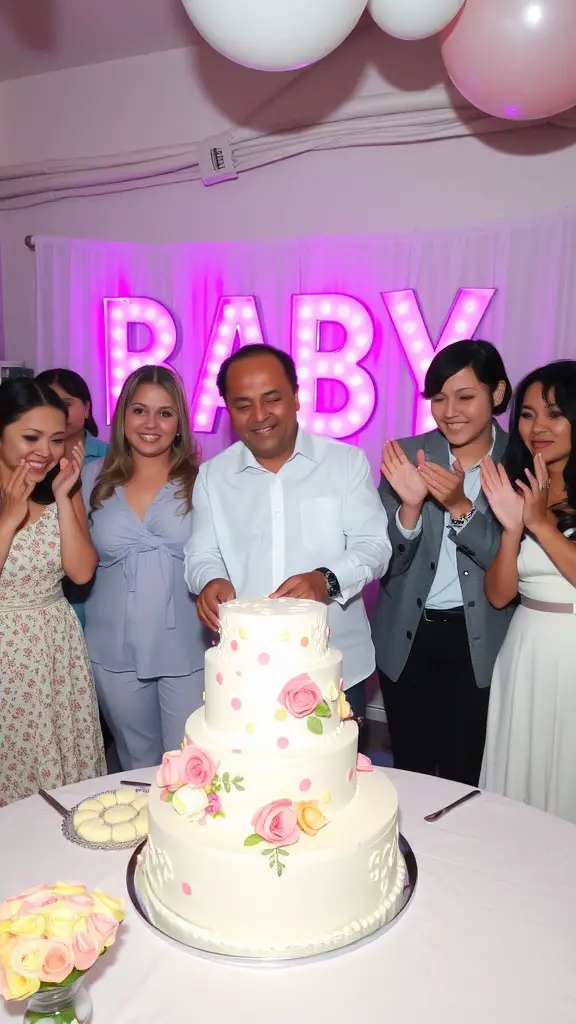 29 Creative Baby Shower Ideas for November Celebrations 16 Group of people celebrating a baby shower with a beautifully decorated cake.