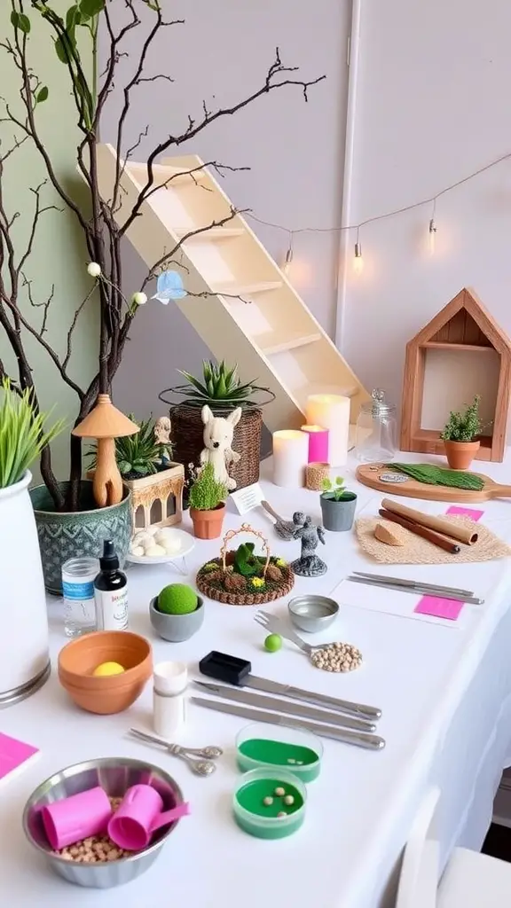 A table set up for a fairy garden craft station with materials for guests to create their own fairy gardens.