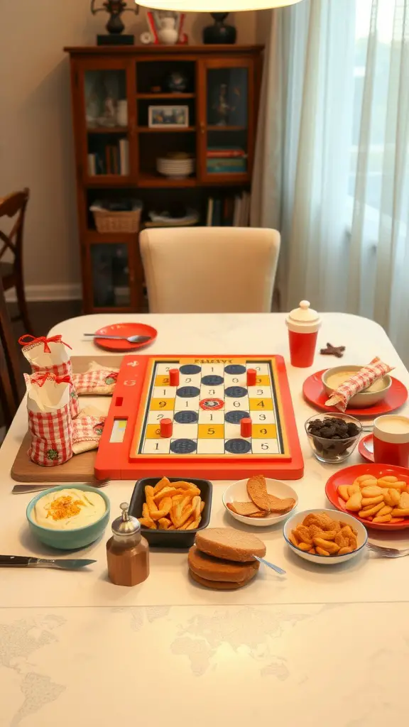 29 Stunning Dining Table Centerpieces for Every Occasion 14 A dining table with a colorful game board centerpiece, surrounded by snacks and drinks.
