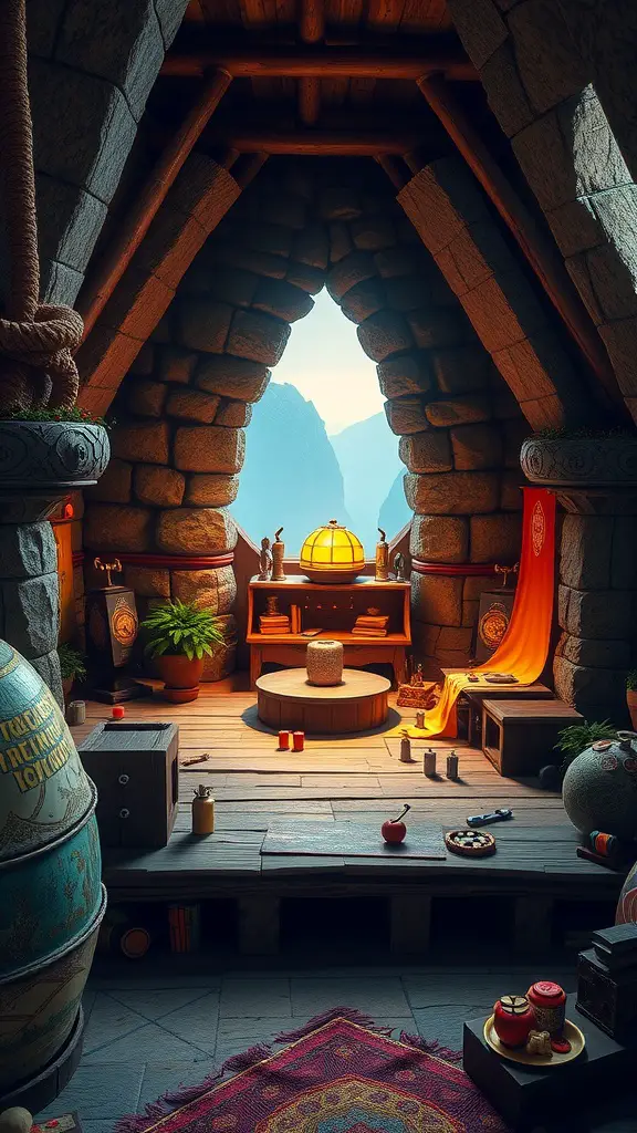 21 Creative Indoor Fort Ideas for Kids 17 A cozy indoor fort featuring stone walls and wooden beams, filled with various props for imaginative play.