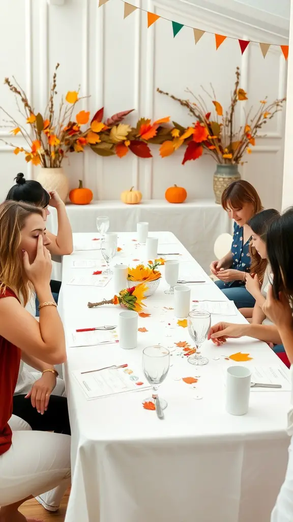 Guests engaged in interactive games at a bridal shower decorated with autumn leaves and pumpkins.