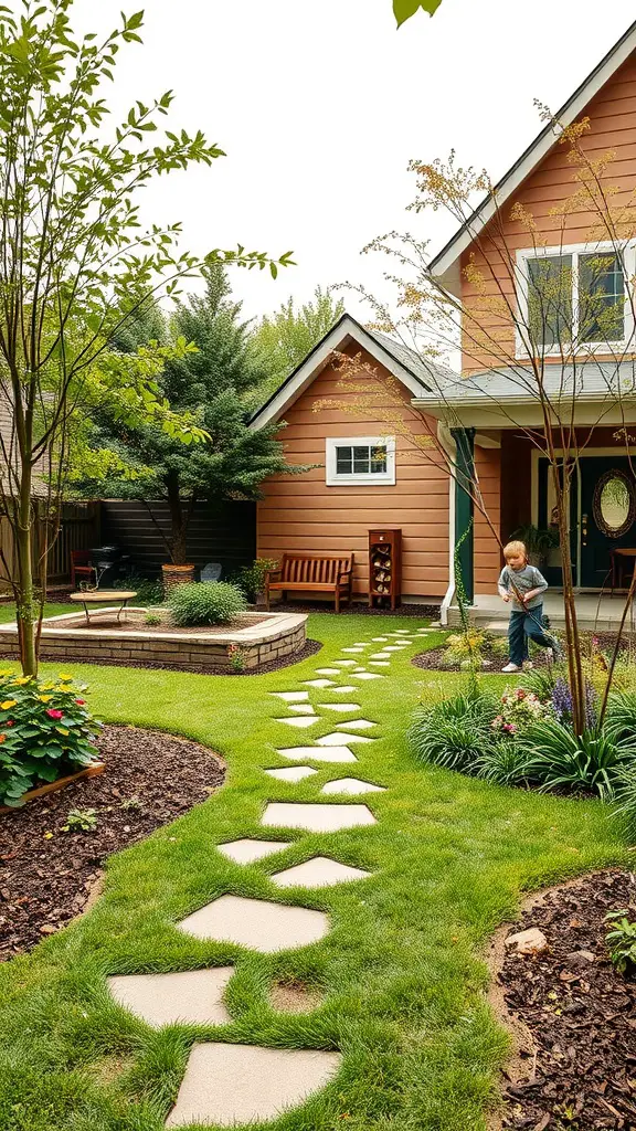 17 Stunning Modern Front Yard Landscape Designs You Need to See 15 A beautifully designed front yard featuring a stone pathway, green grass, vibrant flowers, and a child playing.