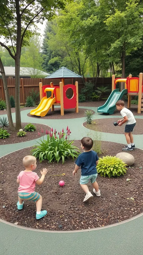 23 Creative Playground Landscaping Ideas for Endless Fun 5 Children playing in a colorful playground surrounded by plants and flowers.