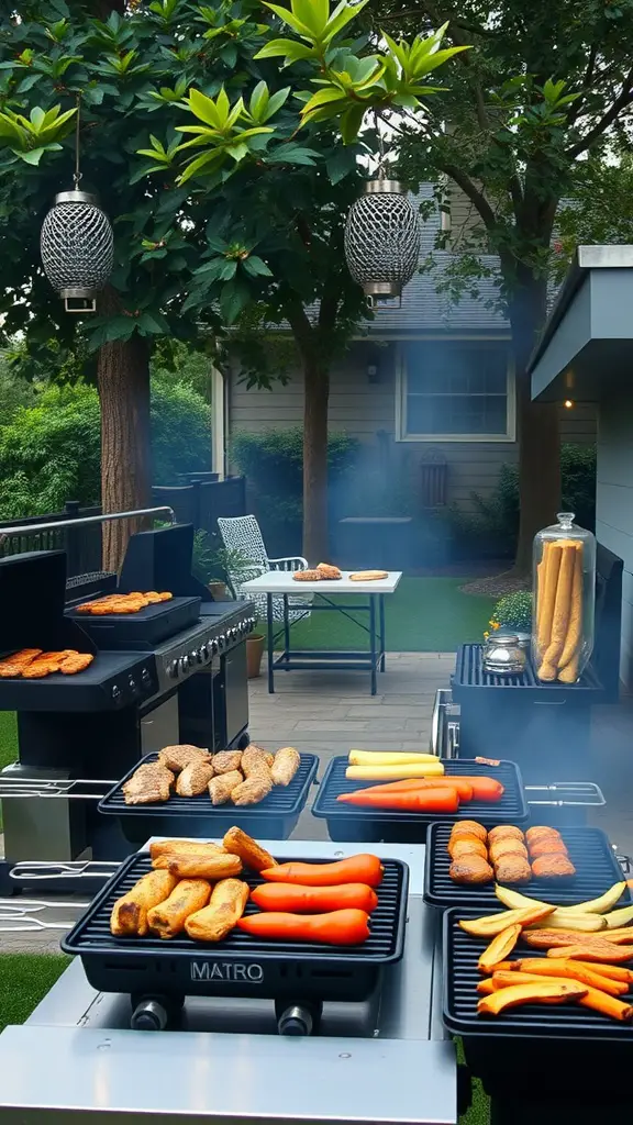 21 Awesome Backyard BBQ Party Ideas You Need to Try 5 An outdoor grilling setup with various meats and vegetables on different grills.