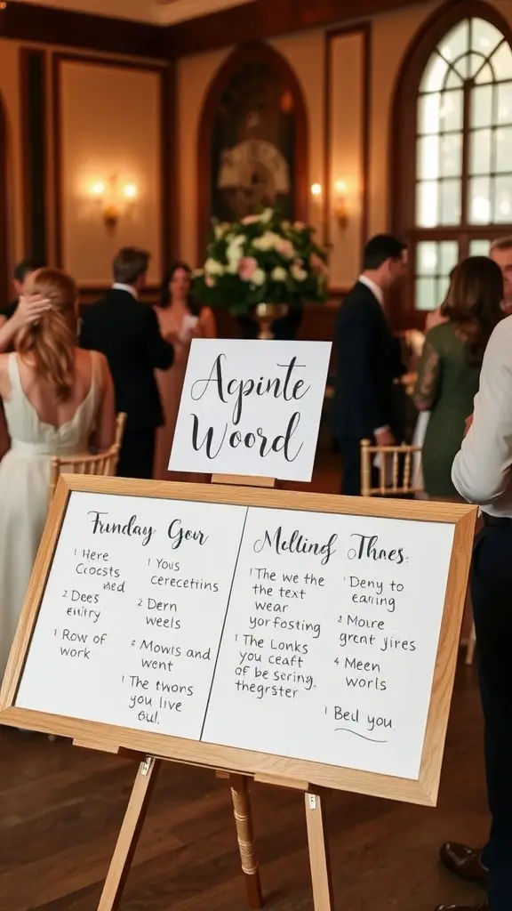 21 Stunning Indoor Wedding Ideas You've Got to See 11 An interactive guest book station at a wedding featuring a large sign with messages and guests mingling in the background.