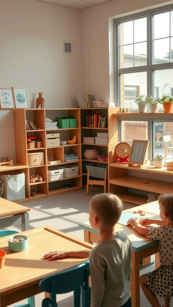 21 Inspiring Montessori Room Ideas for Creative Spaces 7 A Montessori classroom with children engaged in learning at interactive stations.