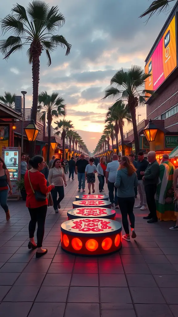 15 Creative Outdoor Movie Night Ideas for Unforgettable Evenings 12 A lively outdoor scene with people mingling under palm trees during sunset, illuminated by warm lights and vibrant decorations.