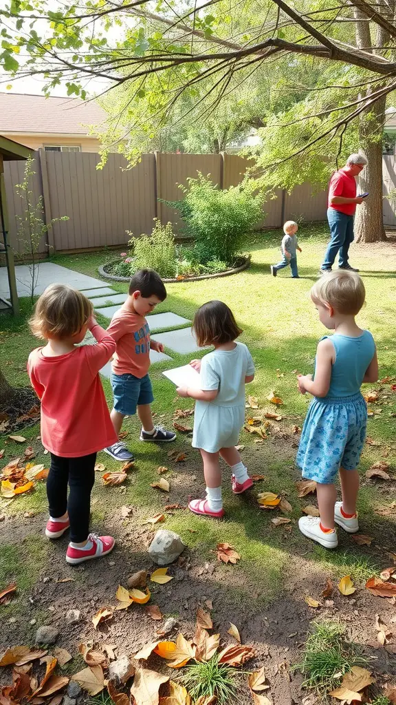 13 Creative Yard Ideas for Kids to Explore and Enjoy 10 Children participating in a nature scavenger hunt in a backyard, looking for items on their lists.