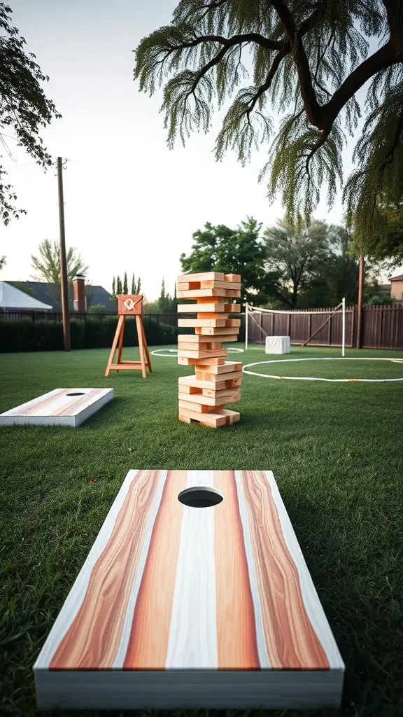 17 Fun Outdoor Birthday Party Ideas for an Unforgettable Celebration 8 Outdoor games corner featuring cornhole and giant Jenga on the grass.