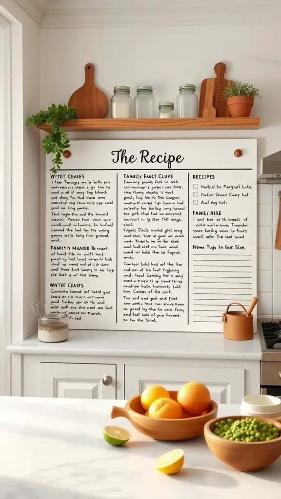 27 Whimsical Kitchen Ideas to Transform Your Cooking Space 16 An interactive recipe board in a cozy kitchen, featuring handwritten recipes and a warm atmosphere.