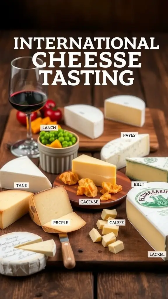 21 Stunning Grazing Table Ideas for Your Next Celebration 12 A selection of international cheeses displayed for tasting, accompanied by wine and fresh garnishes.