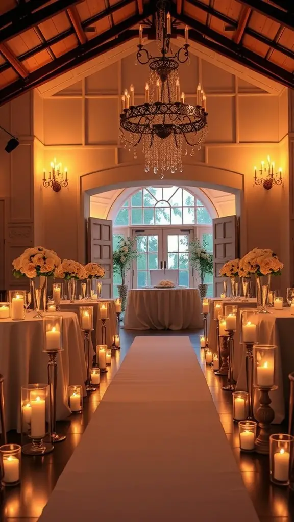 21 Stunning Indoor Wedding Ideas You've Got to See 9 An elegant indoor wedding setup with candlelit tables, a grand chandelier, and floral arrangements.