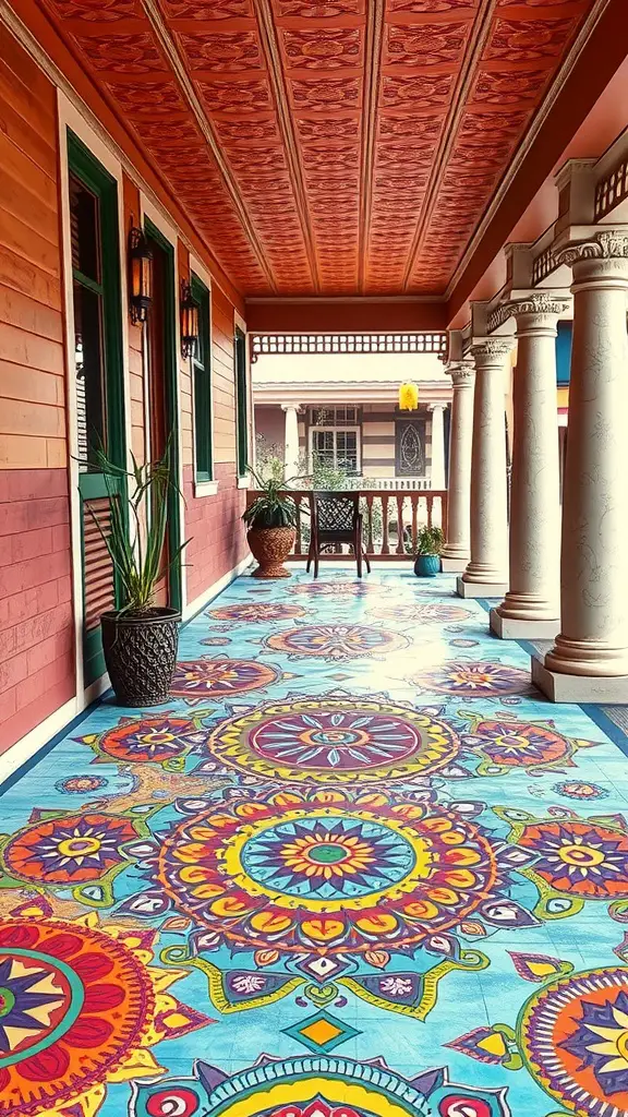 A beautifully painted concrete porch featuring vibrant mandala designs in various colors