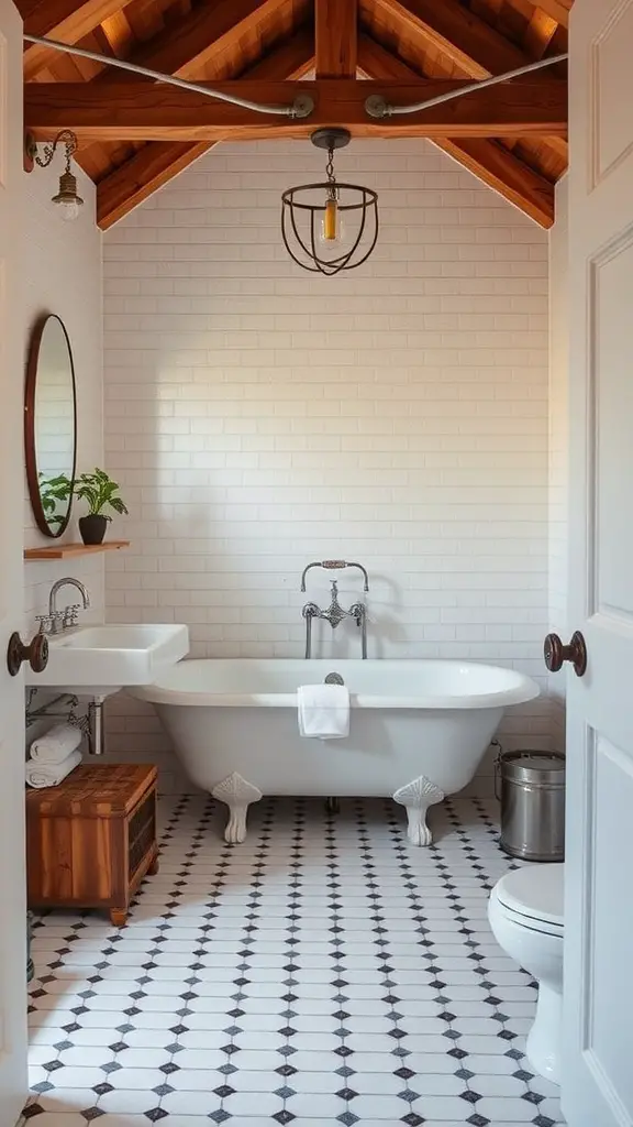 A beautifully designed farmhouse bathroom with vintage touches.