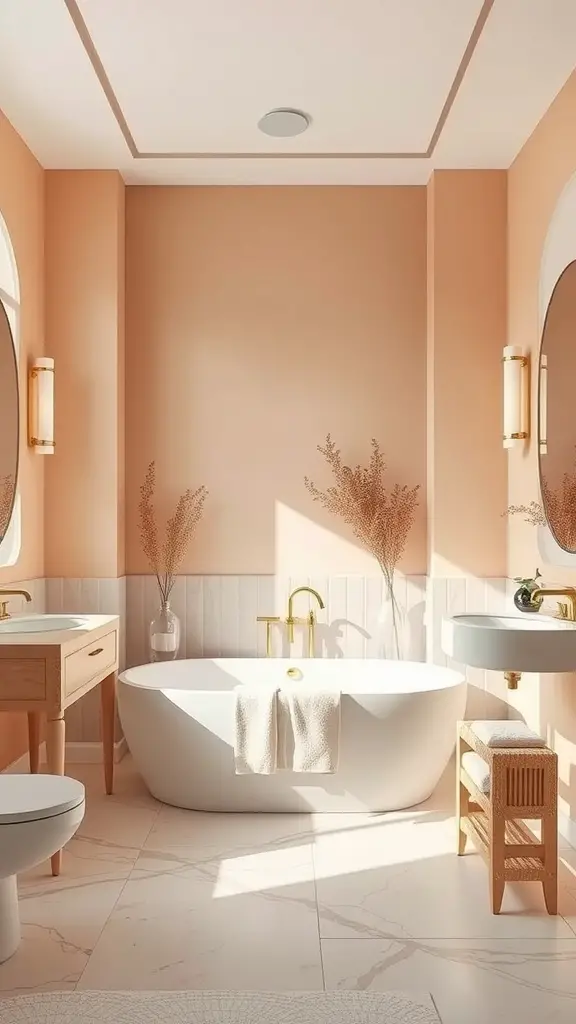 A modern bathroom featuring soft peach walls, a freestanding bathtub, and wooden accents.