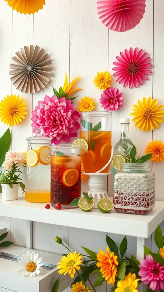 17 Fun Outdoor Birthday Party Ideas for an Unforgettable Celebration 16 A vibrant drink station with colorful beverages and decorative flowers for an outdoor birthday party.