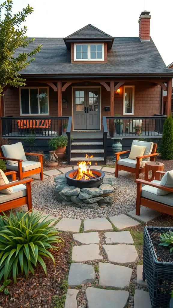 13 Stunning No Grass Front Yard Ideas for a Low-Maintenance Landscape 12 A cozy front yard featuring a stone fire pit surrounded by seating, with decorative plants and a welcoming atmosphere.