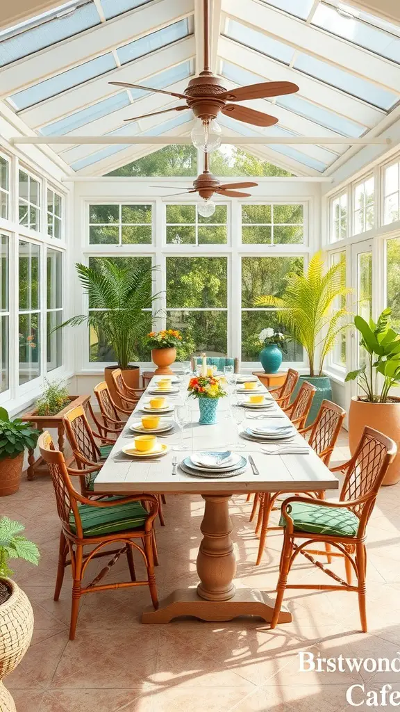 A bright sunroom dining area featuring a long table set with colorful dishes, surrounded by plants and large windows.