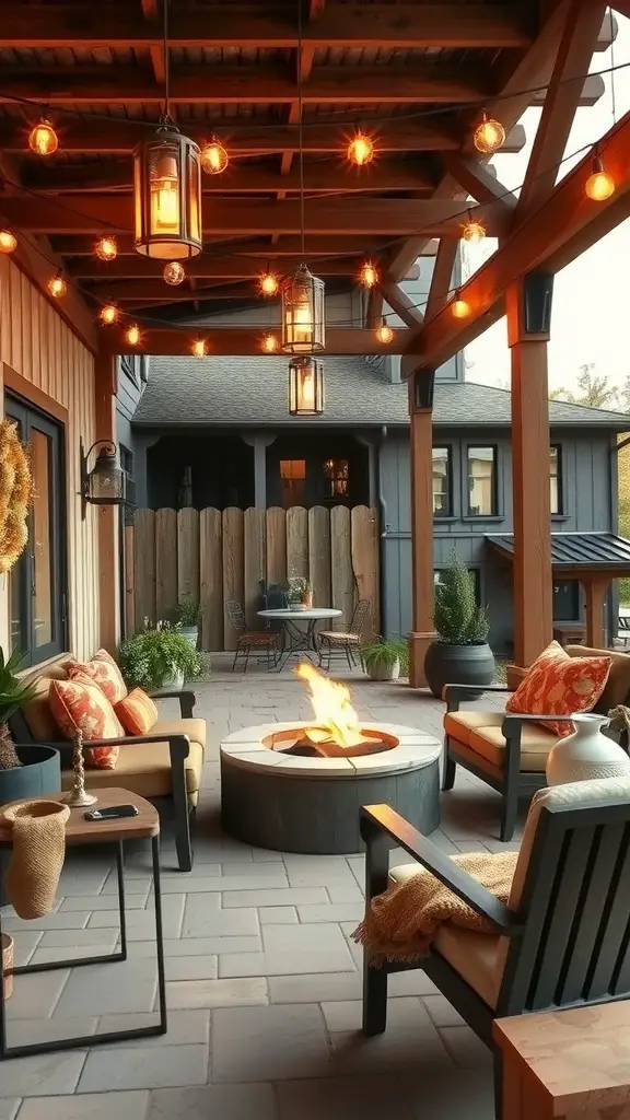 Cozy outdoor living area with comfortable seating and warm lighting