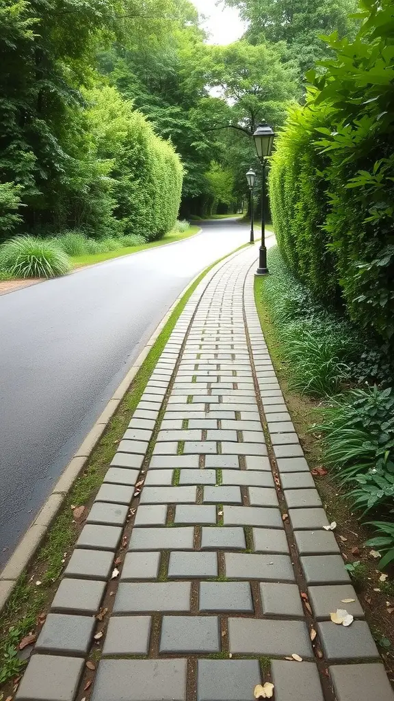 21 Stunning Long Driveway Landscaping Ideas You’ll Love 7 A winding paver stone pathway beside a long driveway, lined with greenery and lamp posts.
