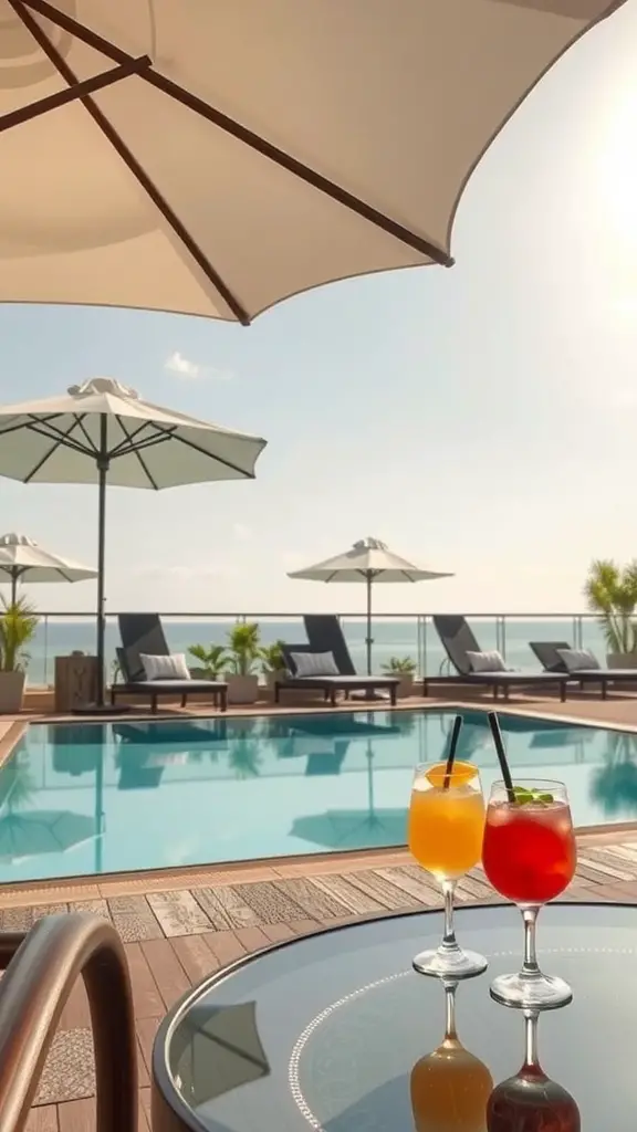 21 Stunning Ideas to Create Your Backyard Oasis 13 A serene poolside lounge area with two colorful cocktails on a table, surrounded by lounge chairs and umbrellas.