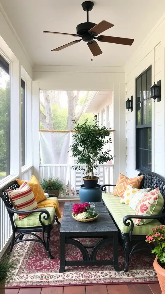 Cozy seating arrangement on a screened-in porch with green cushions and colorful pillows.