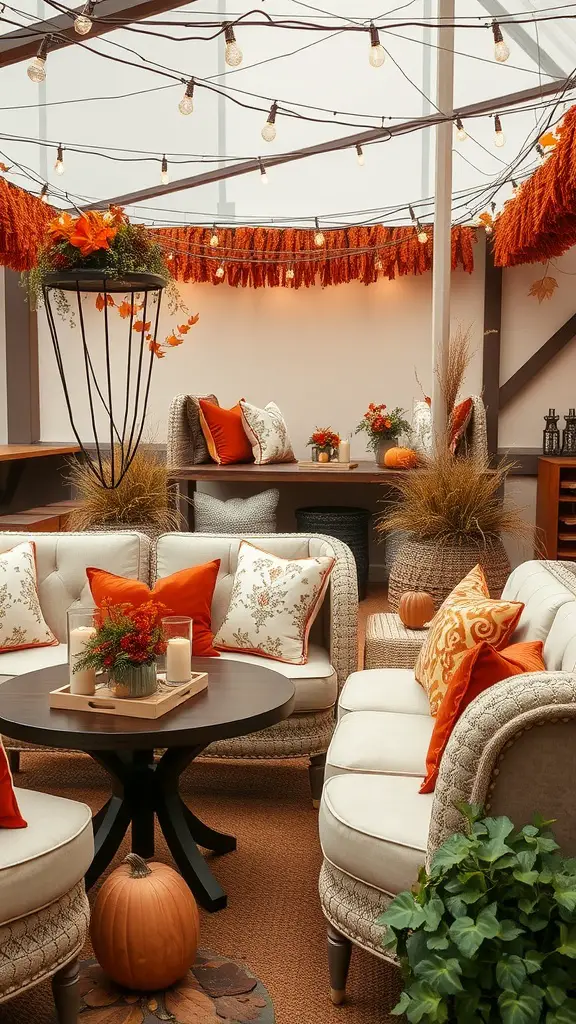 Cozy seating arrangement with autumn colors and decorations for a bridal shower