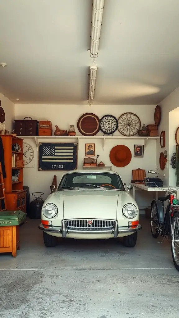 A vintage garage featuring an ivory wall, a classic car, and eclectic decor on shelves.