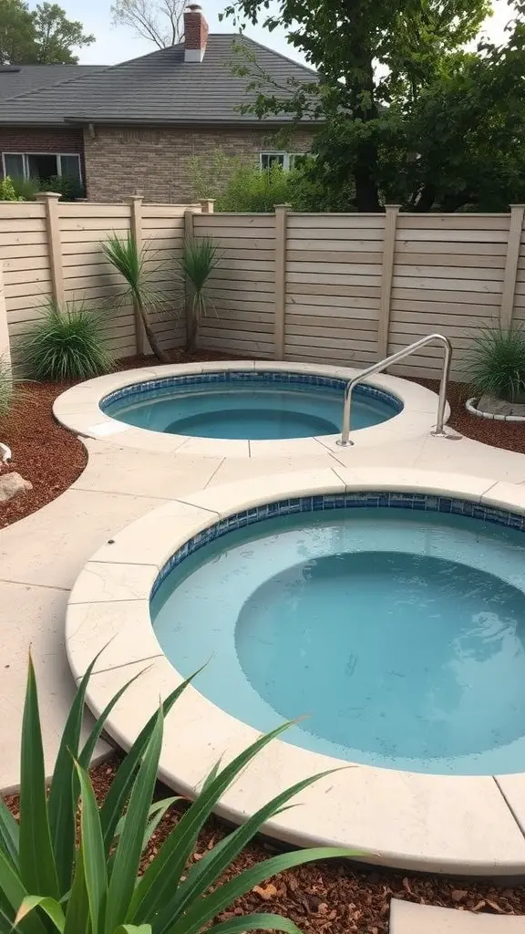 Two jacuzzi pools in a small backyard, surrounded by plants and a wooden fence.