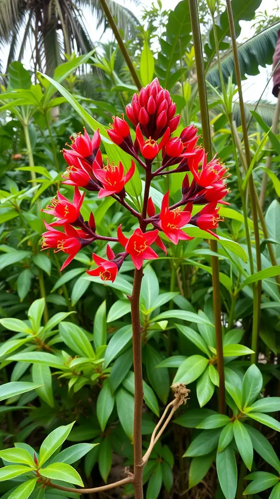 21 Stunning Tropical Garden Plants You Need to Grow 12 Bright red Jatropha flowers on a tall stem amid green foliage.