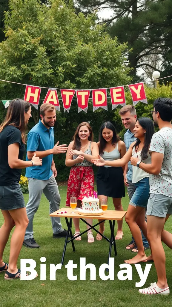 17 Fun Outdoor Birthday Party Ideas for an Unforgettable Celebration 15 A group of friends celebrating a birthday outdoors with a cake and decorations.