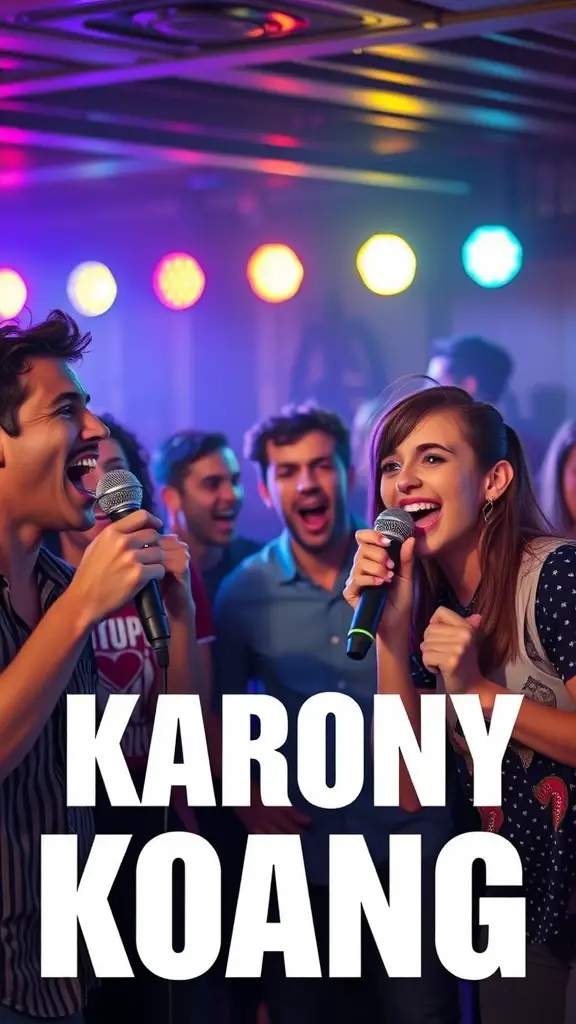 A lively karaoke competition with friends singing and enjoying the moment.