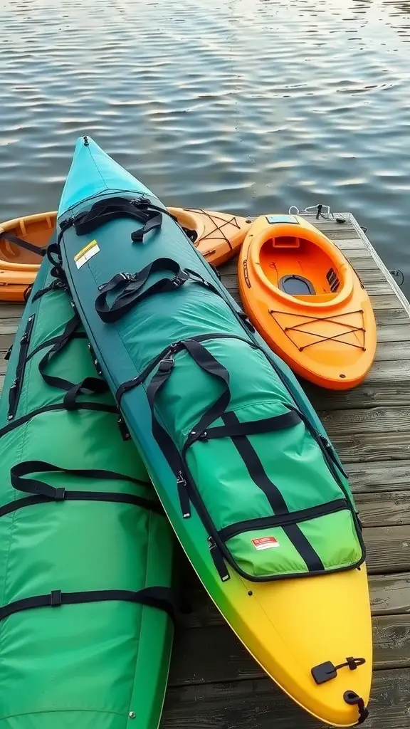 25 Creative Kayak Storage Ideas for Small Spaces 12 Two kayaks covered in storage bags resting on a dock, with an orange kayak visible nearby.