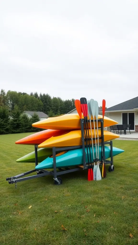 25 Creative Kayak Storage Ideas for Small Spaces 6 A kayak storage cart holding several colorful kayaks and paddles on a grassy area.