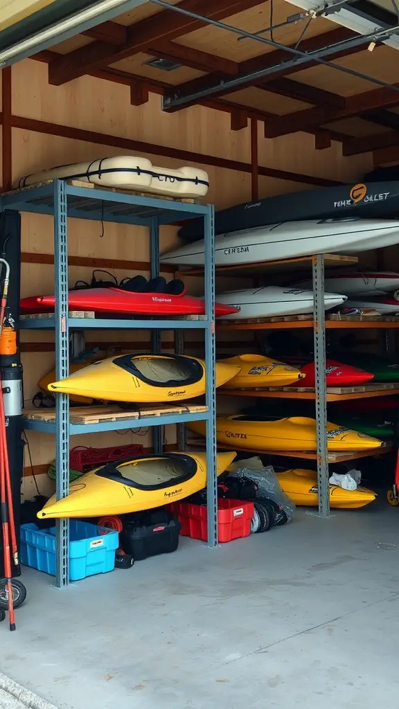 25 Creative Kayak Storage Ideas for Small Spaces 16 Organized kayak storage on metal shelves in a garage.